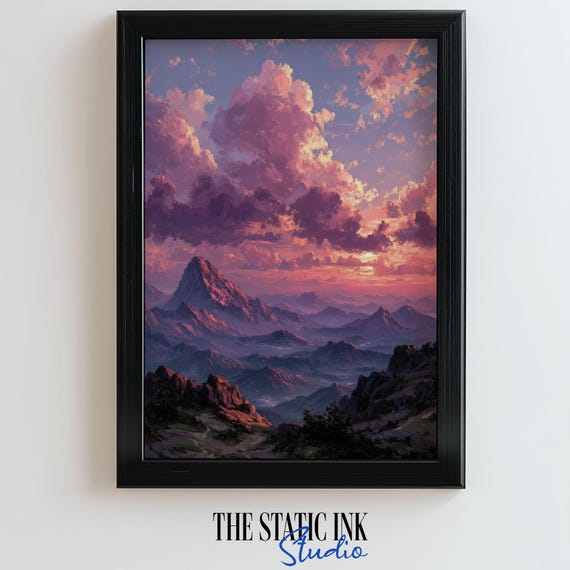 Majestic Mountain Sunset Landscape Wall Art Print Dreamy Purple Sky Cloud Painting Nature Scene Poster Decor