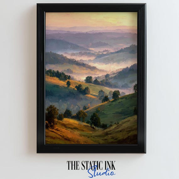Golden Sunrise Hills Landscape Wall Art Misty Morning Valley Painting With Rolling Fields And Soft Pastel Light