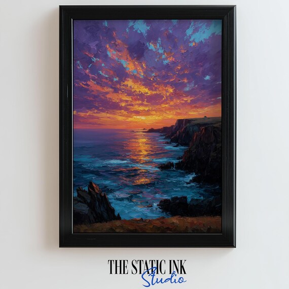 Sunset Cliff Ocean Impasto Painting Vibrant Sky Coastal Seascape Poster