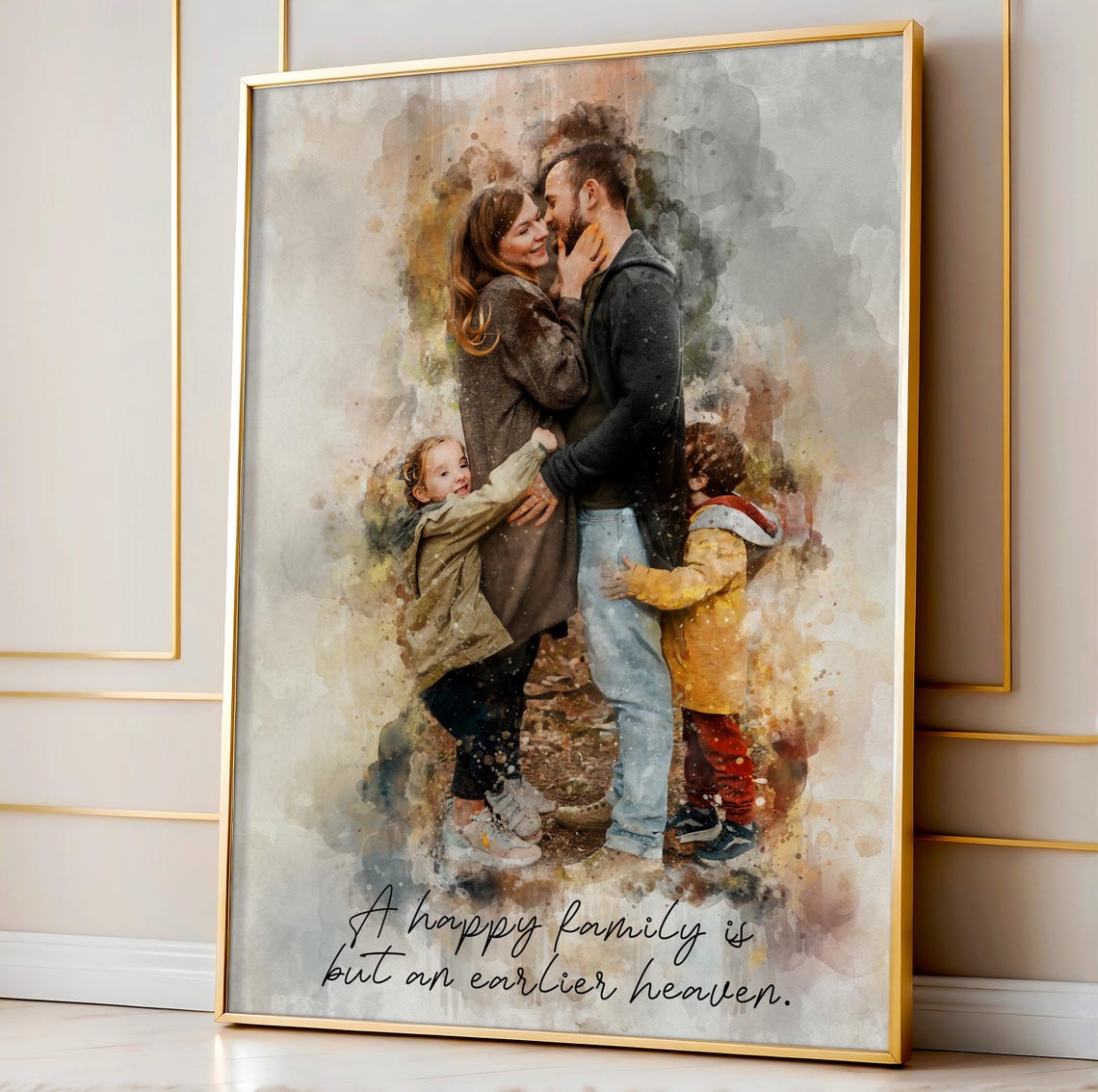 Parents and Two Kids Beach Watercolor Family Portrait Poster - Image 2