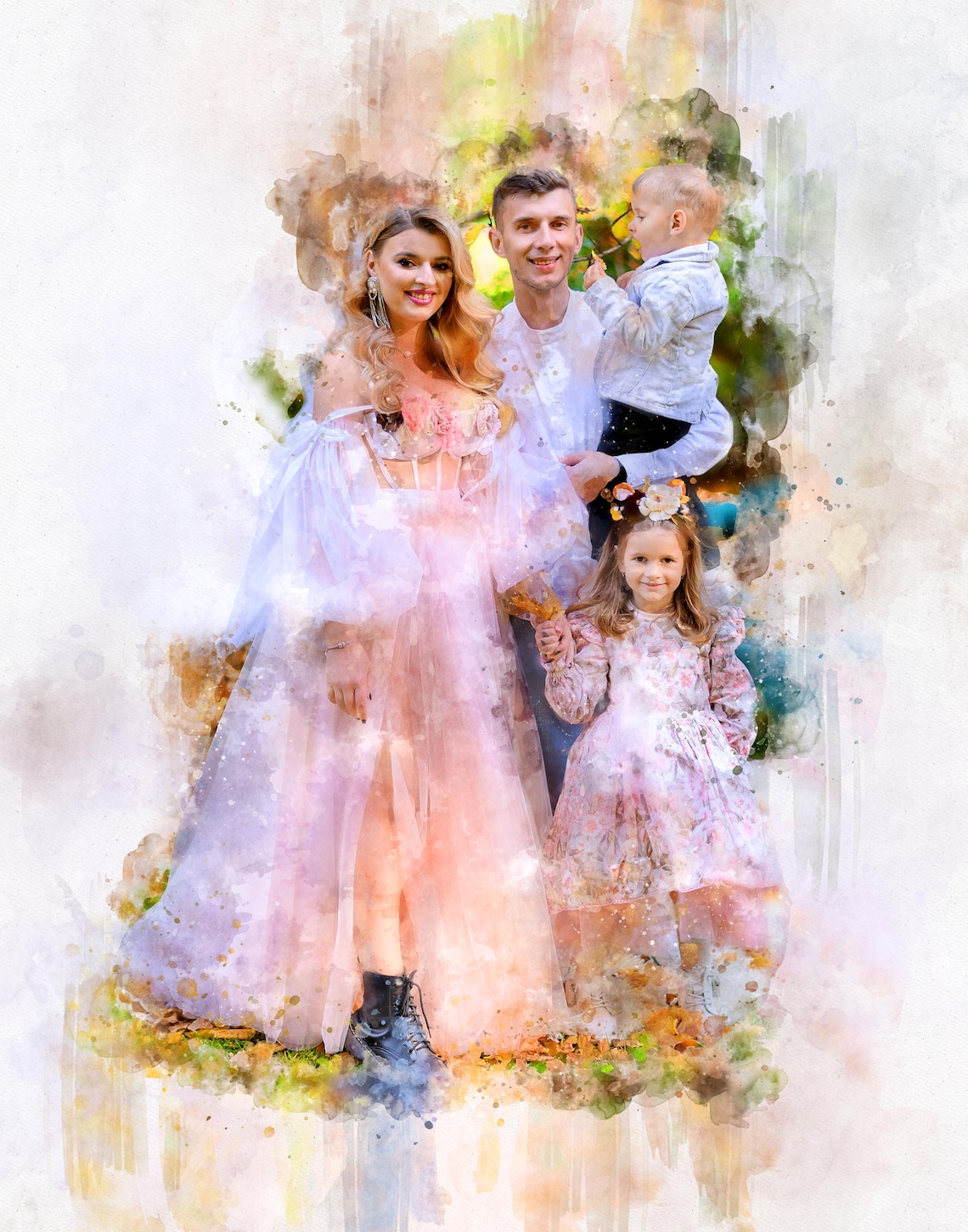 Parents and Two Kids Smiling Watercolor Family Portrait Art Poster - Image 3