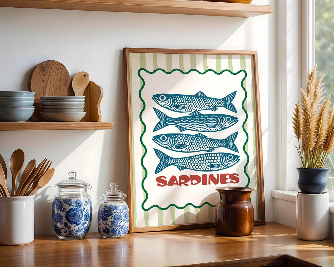 Sardines Blue Fish Retro Kitchen Illustration Vintage Style Poster