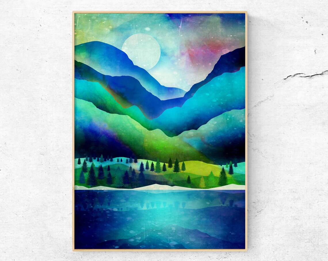 Blue and Green Mountain Landscape Moon Lake Forest Watercolor Poster