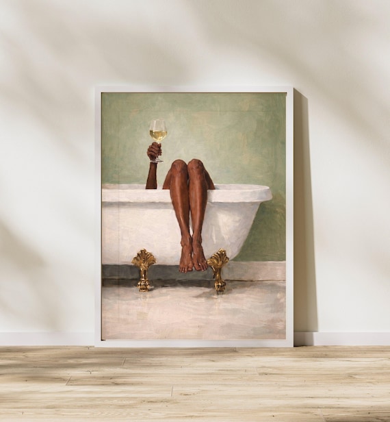 Bathtub Wall Art Print Woman Bath Wine Poster Aesthetic Bathroom Decor Relaxing Spa Printable Modern Minimalist