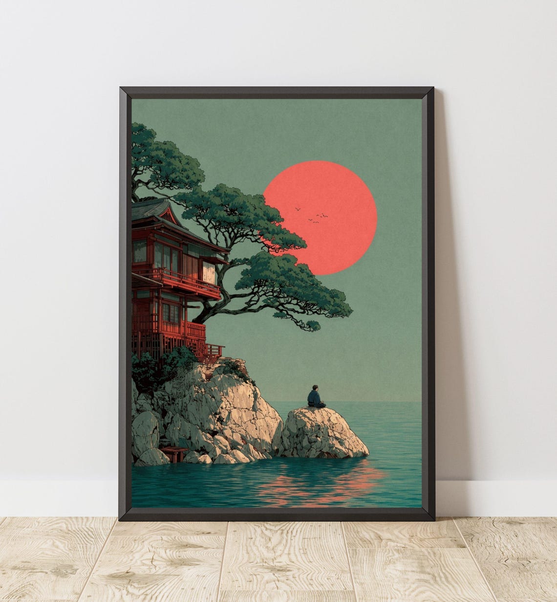 Japanese Sunset Temple Red Sun Ocean Minimalist Tranquil Wall Art