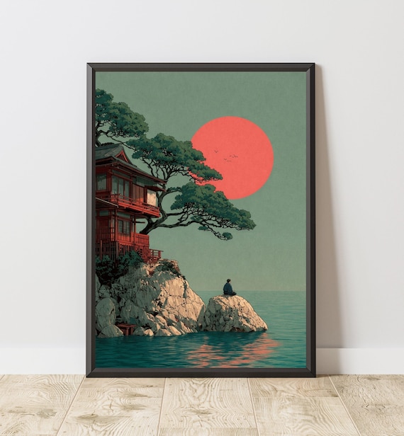 Japanese Sunset Wall Art Print Asian Temple Ocean Landscape Japandi Minimalist Red Sun Poster Tranquil Home Decor