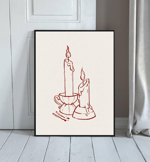 Vintage Red Line Sketch Lit Candles Chamberstick Rustic French Wall Art