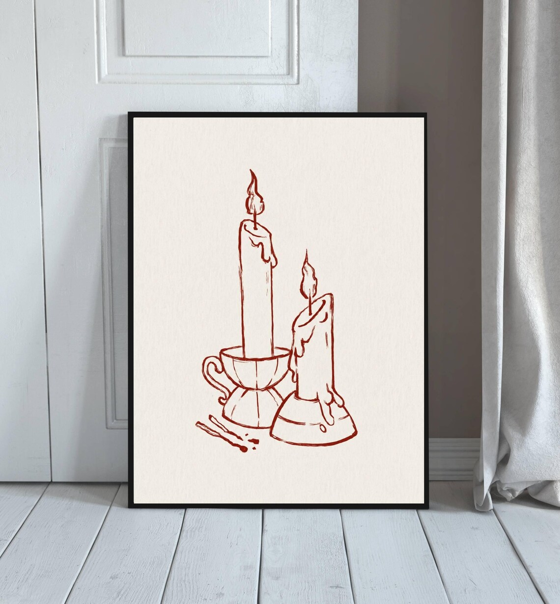 Vintage Red Line Sketch Lit Candles Chamberstick Rustic French Wall Art