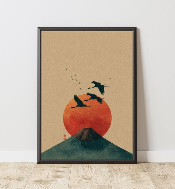 Mount Fuji Japanese Art Print, Japandi Sunset
