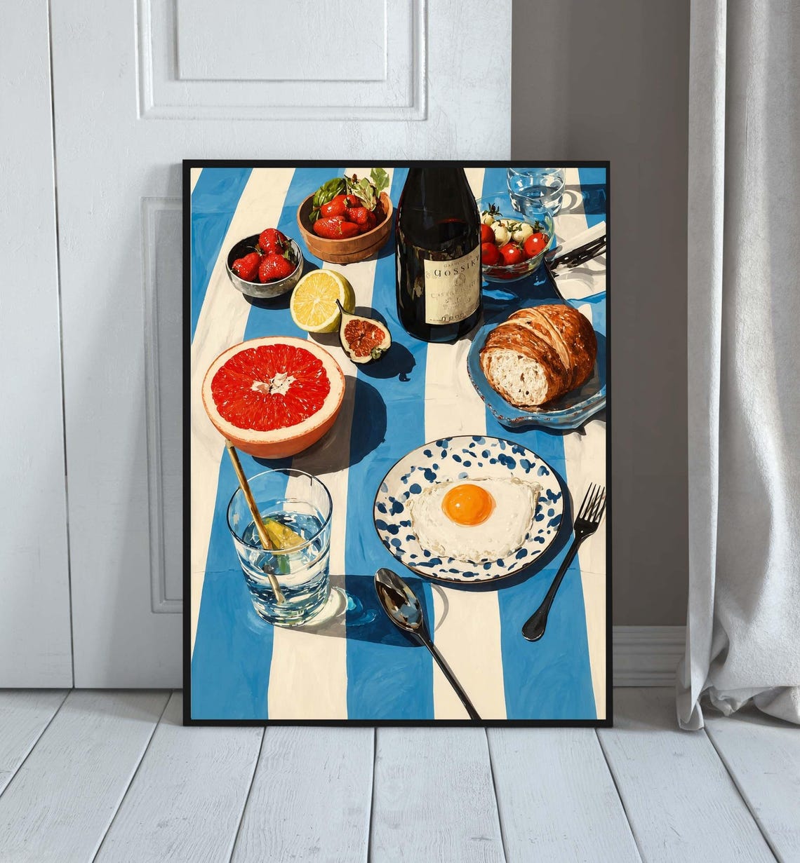 Mediterranean Breakfast Poster Grapefruit Egg Bread Coastal Food Art