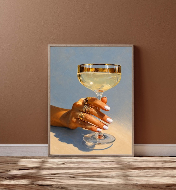 Champagne Wall Art Print Cocktail Glass Painting Luxury Bar Decor Elegant Hand Artwork Modern Dining Room Poster