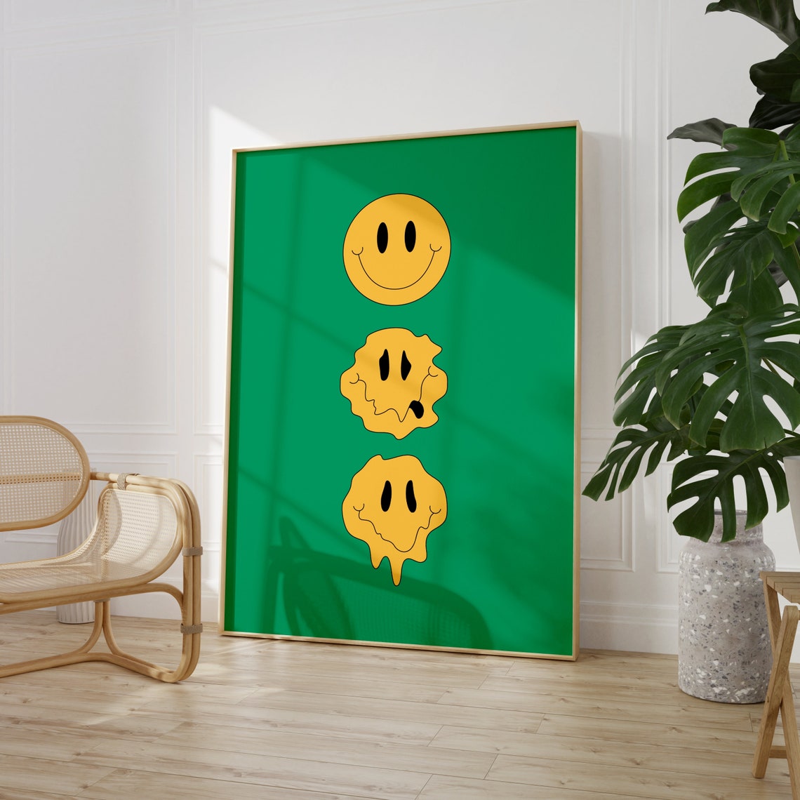 Melting Smiley Face Trippy Yellow Acid Retro Drip Green Poster - Image 2