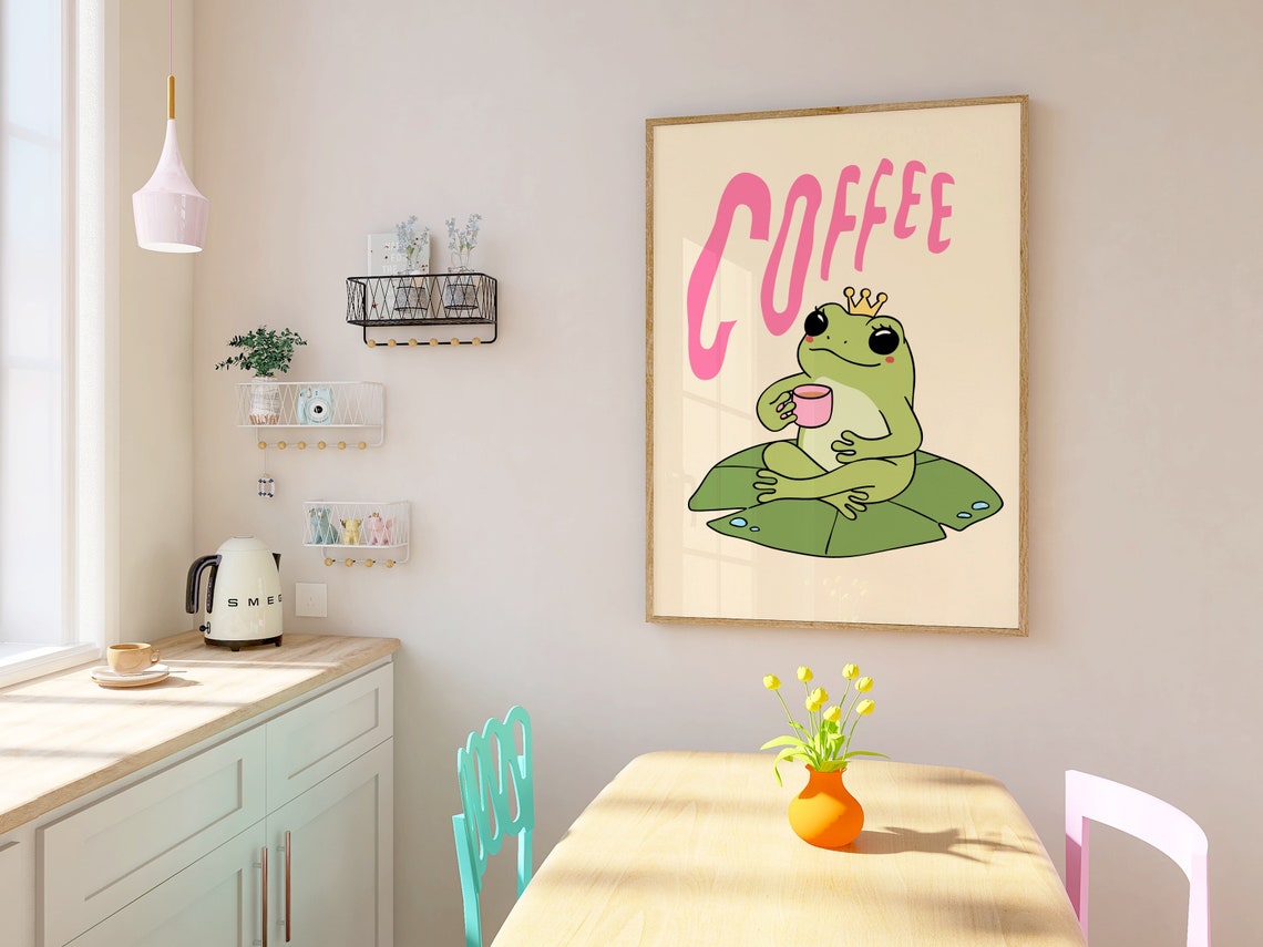 Coffee Cute Frog Prince Crown Lily Pad Pink Kawaii Animal Poster - Image 2