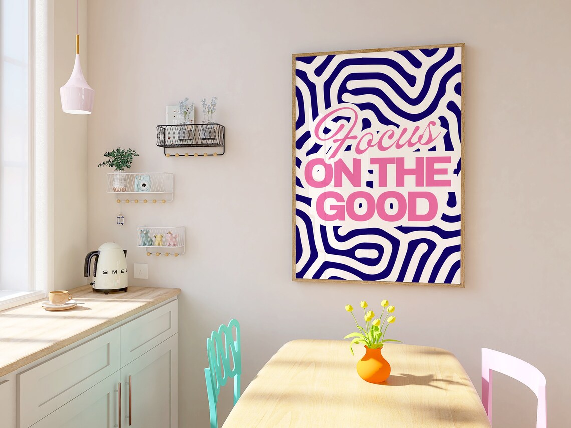 Focus On The Good Navy Pink Funky Retro Positivity Quote Poster - Image 2