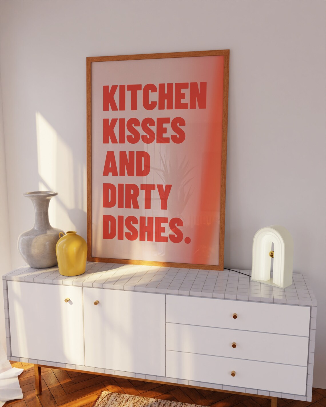 Funny Kitchen Kisses And Dirty Dishes Bold Red Typography Poster - Image 3