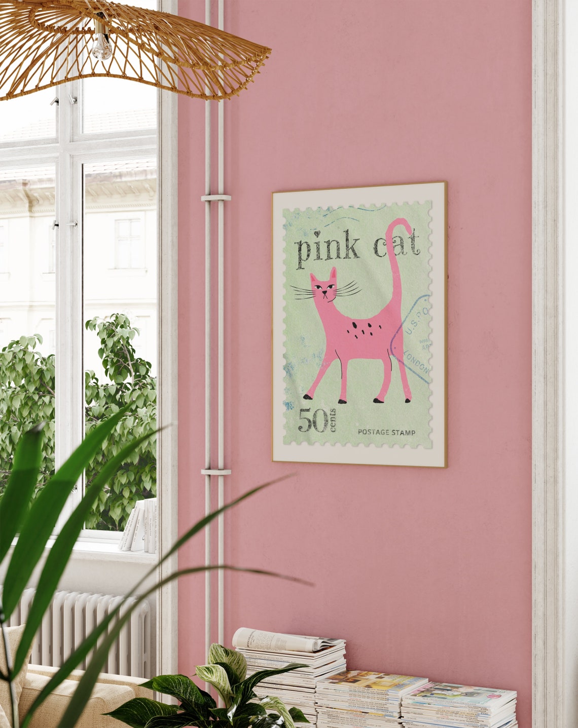 Pink Cat Postage Stamp 50 Cents Vintage Mint Green Art Poster - Image 3