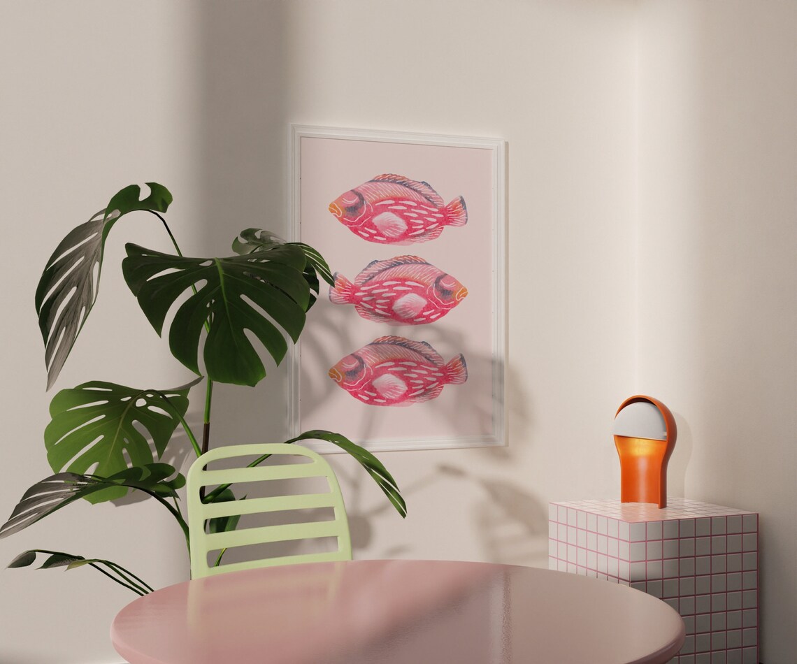 Pink Watercolor Fish Trio Pastel Girly Coastal Ocean Art Poster - Image 2