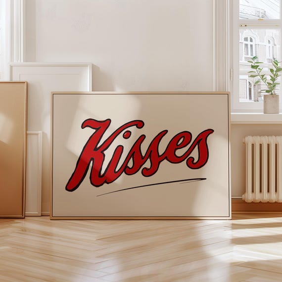 Kisses Typography Print, Retro Writing Wall Art