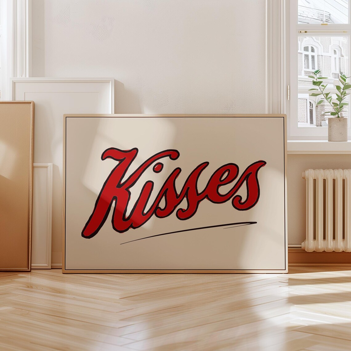 Kisses Typography Print, Retro Writing Wall Art