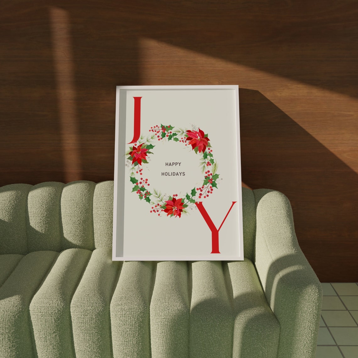 Joy Happy Holidays Floral Wreath Christmas Botanical Art Poster - Image 2