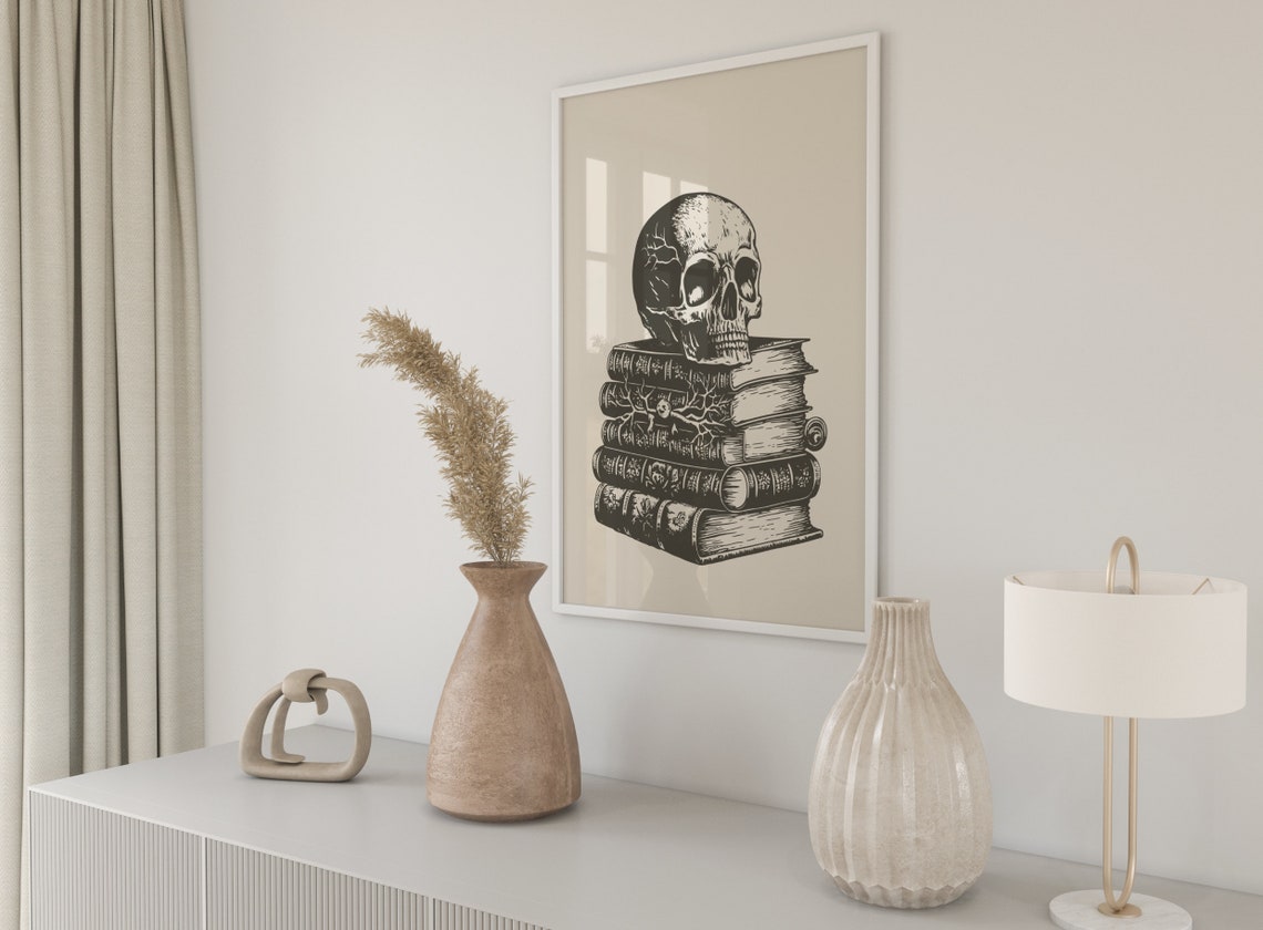 Vintage Skull on Stack of Books Engraved Dark Academia Wall Poster - Image 3