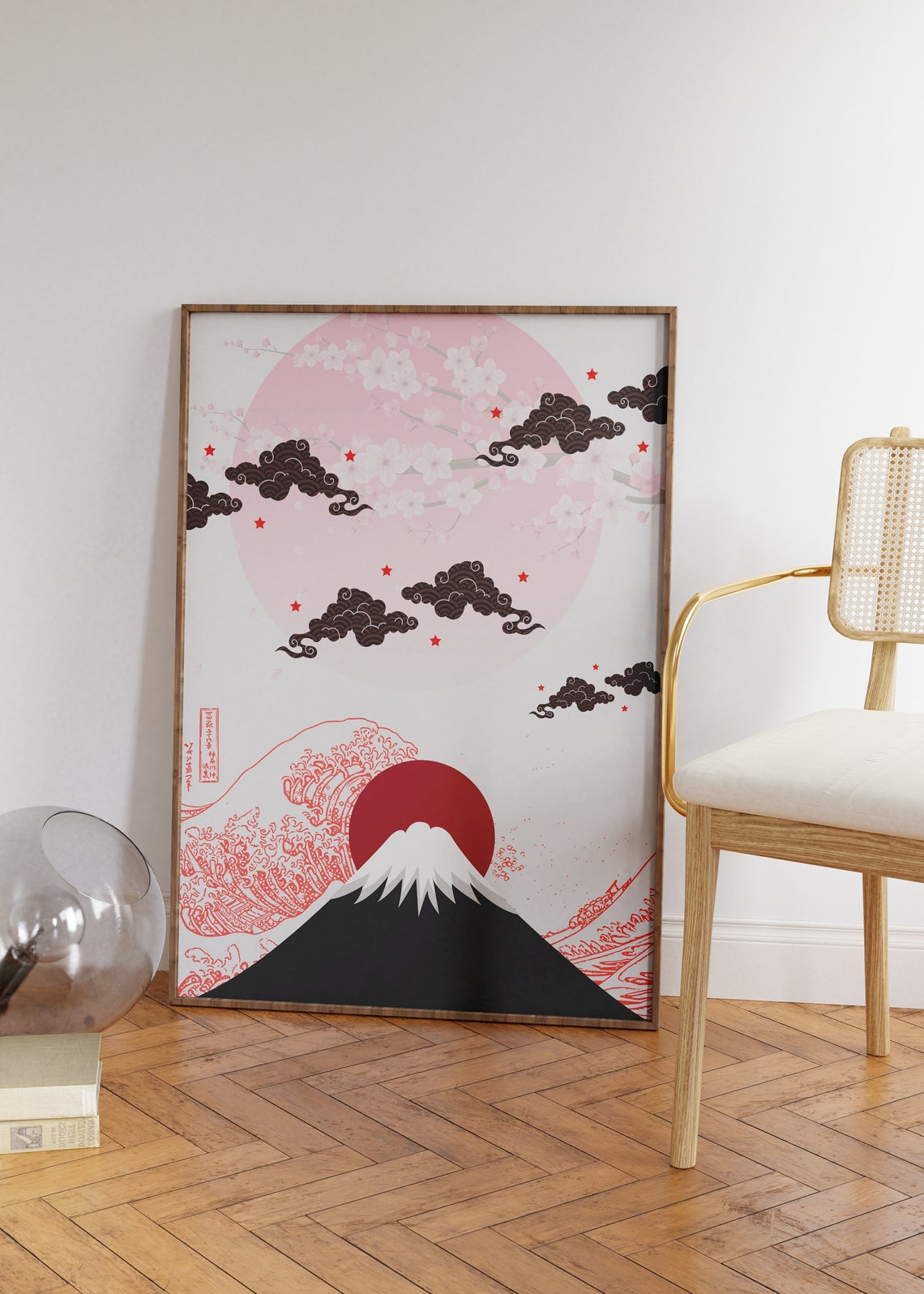 Mount Fuji Japanese Cherry Blossom Red Sun Ocean Wave Art Print - Image 2