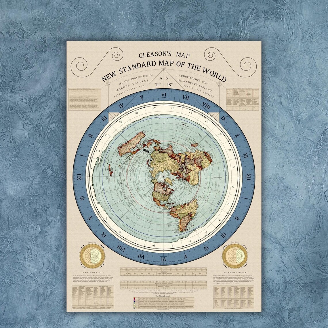 Gleason 1892 New Standard Flat Earth World Map Antique Poster Reprint