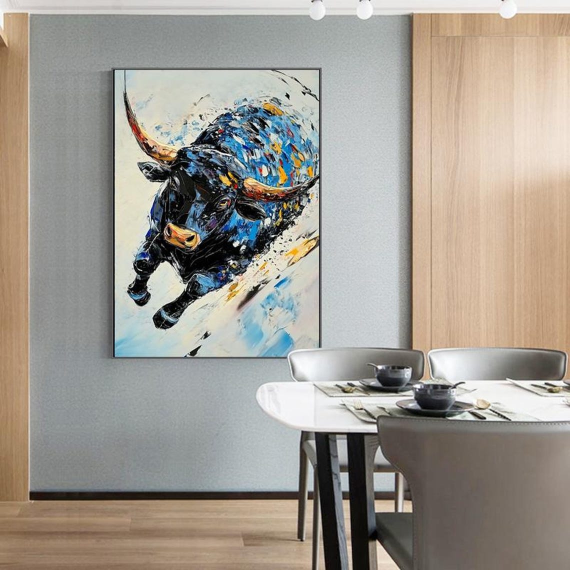 Powerful Charging Bull Abstract Blue Impasto Oil Painting Art Poster - Image 4