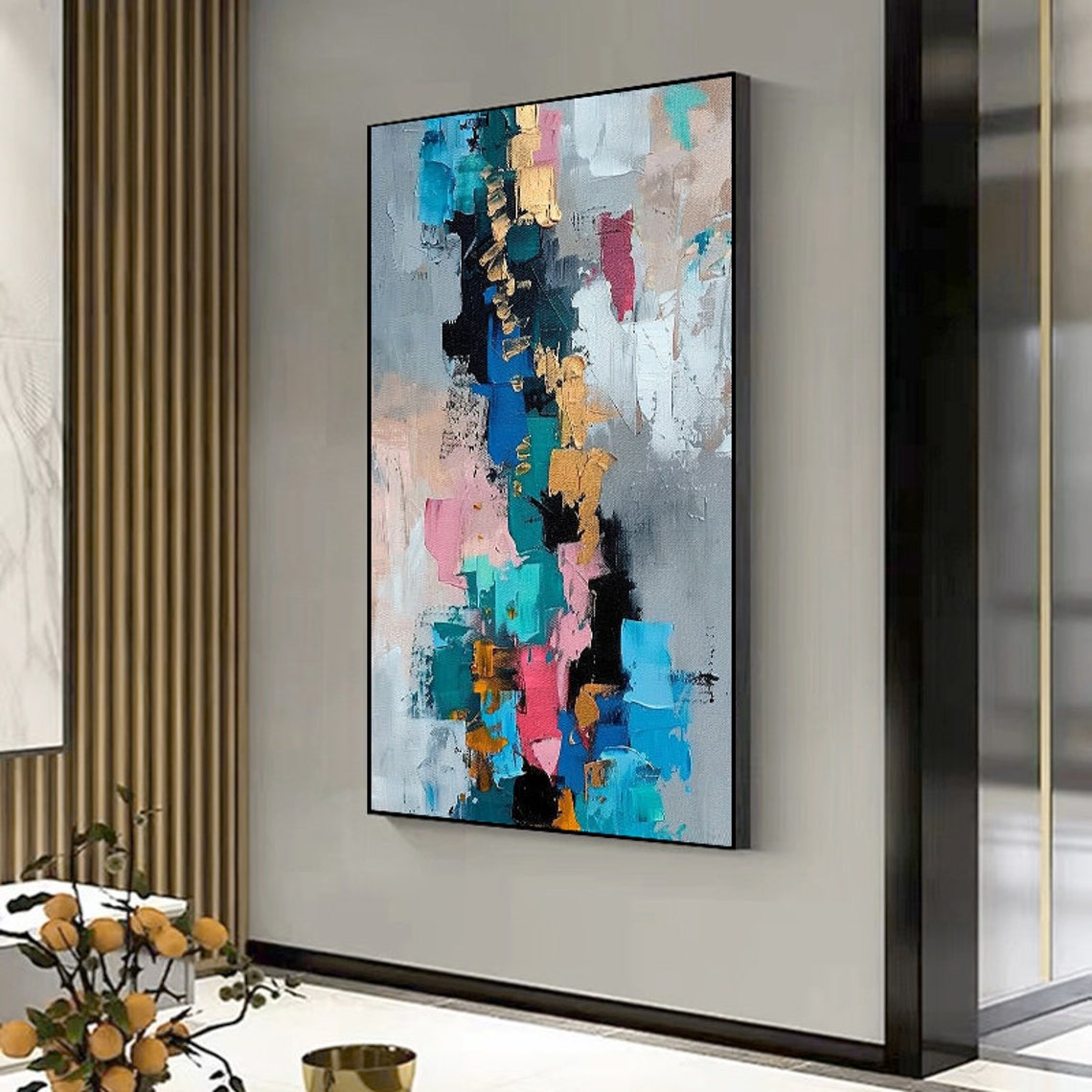 Tall Blue Pink and Gold Vertical Abstract Modern Canvas Poster - Image 5