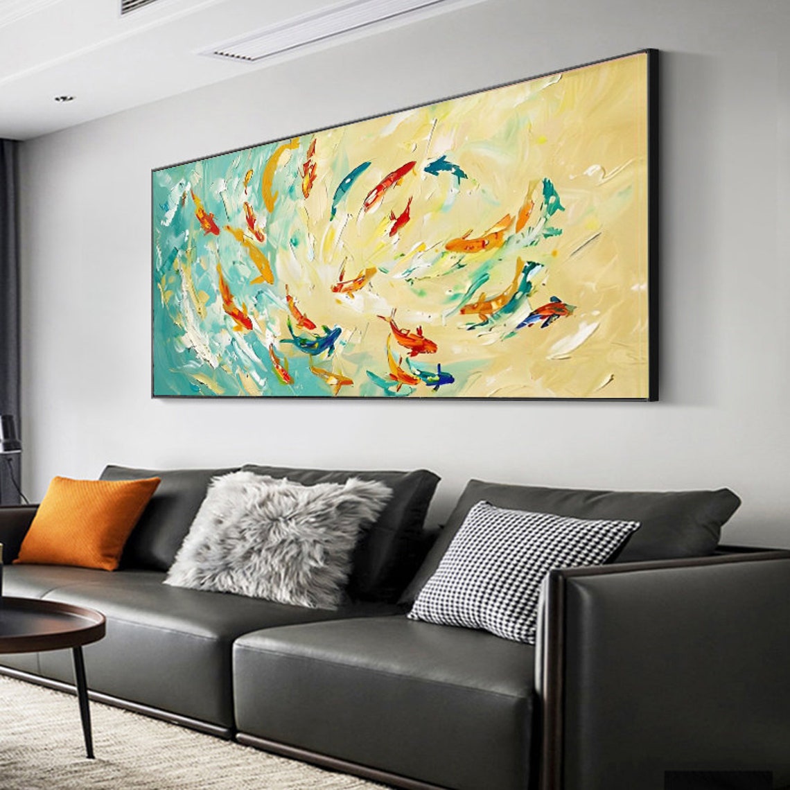 Koi Fish Swirling In Yellow Teal Abstract Water Art Painting Poster - Image 4