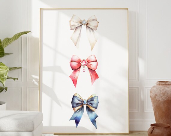 Jeweled Ribbon Bow Watercolor Poster Coquette Elegant Girly Decor Art