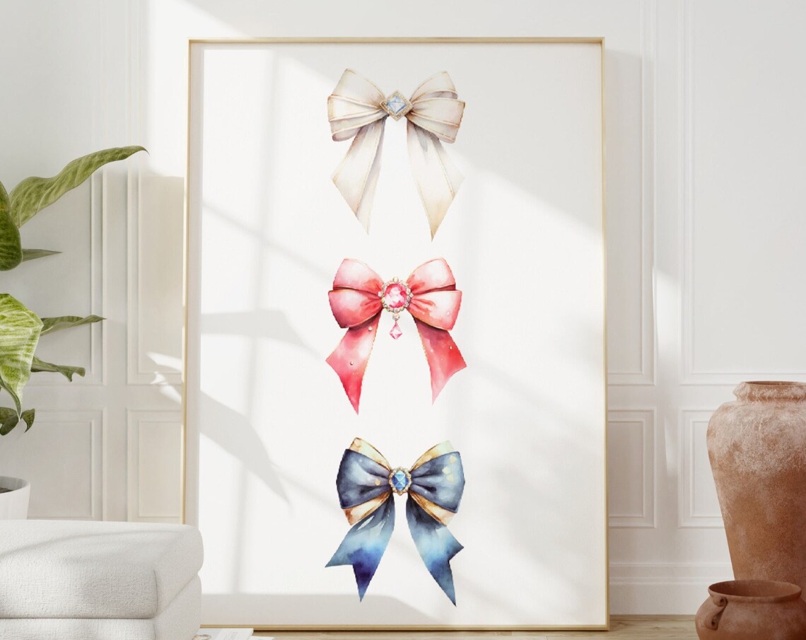 Jeweled Ribbon Bow Watercolor Poster Coquette Elegant Girly Decor Art