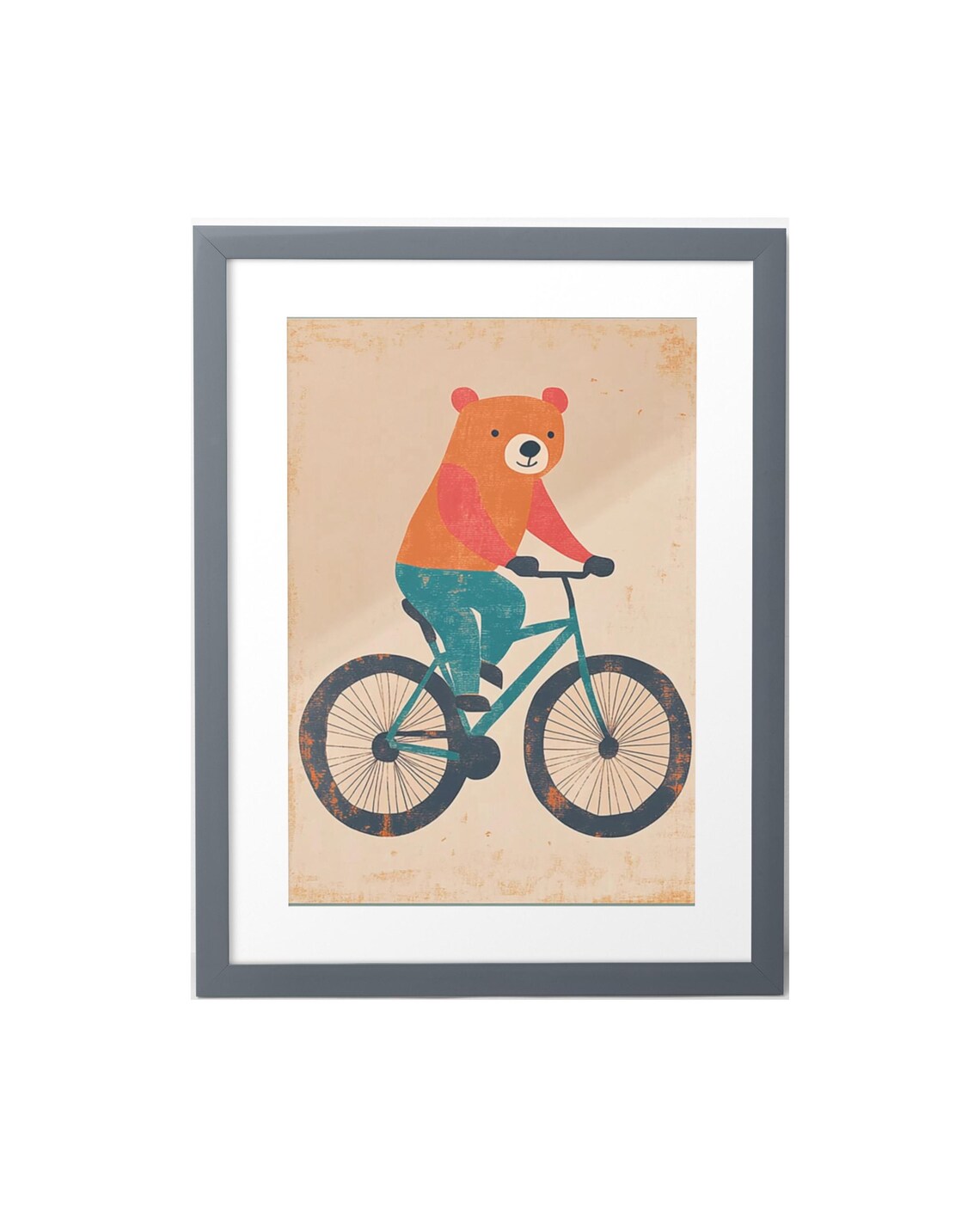 Cheerful Orange Bear Riding a Teal Bicycle Retro Kids Room Wall Art