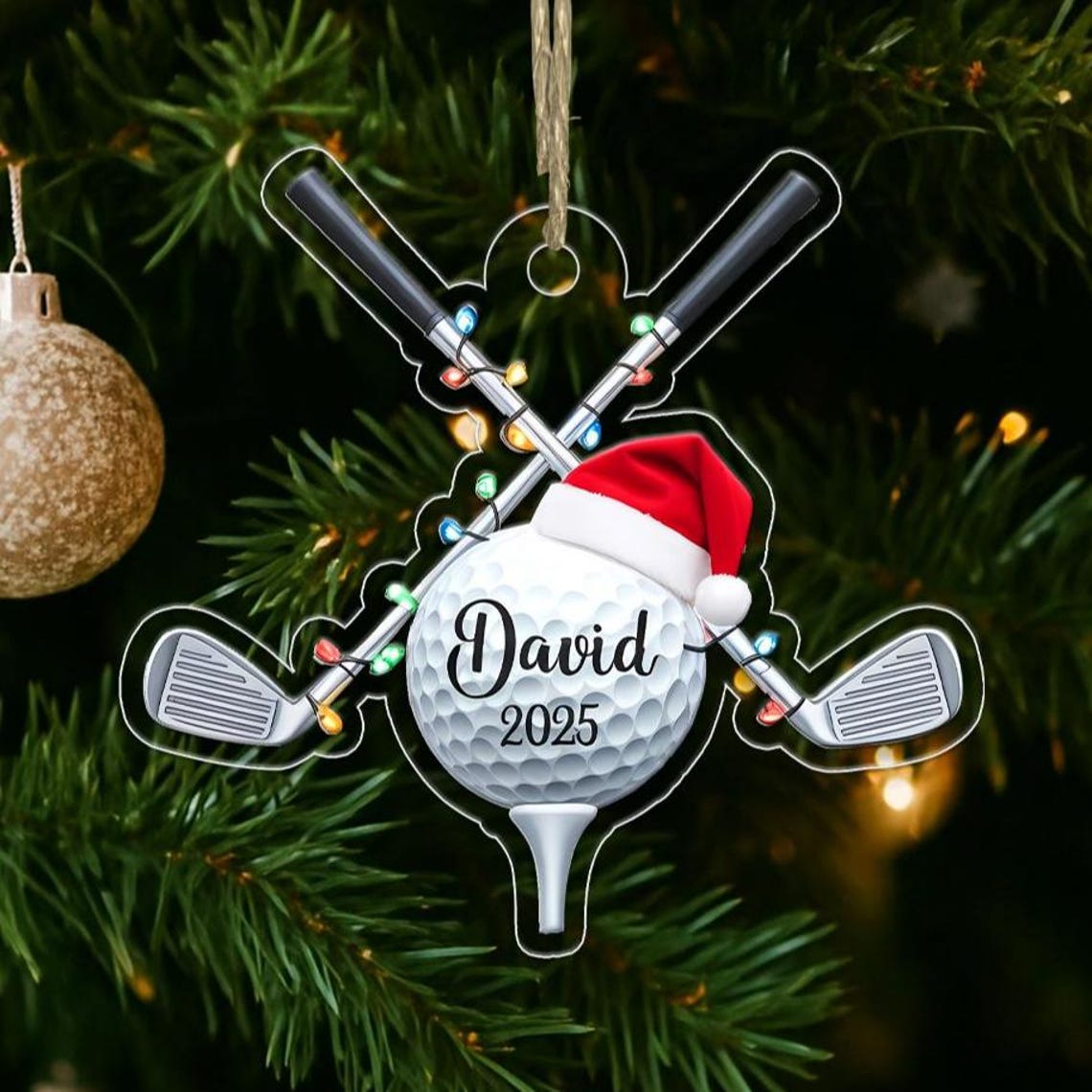 Custom Name Golf Ball Santa Hat Crossed Clubs Ornament Poster