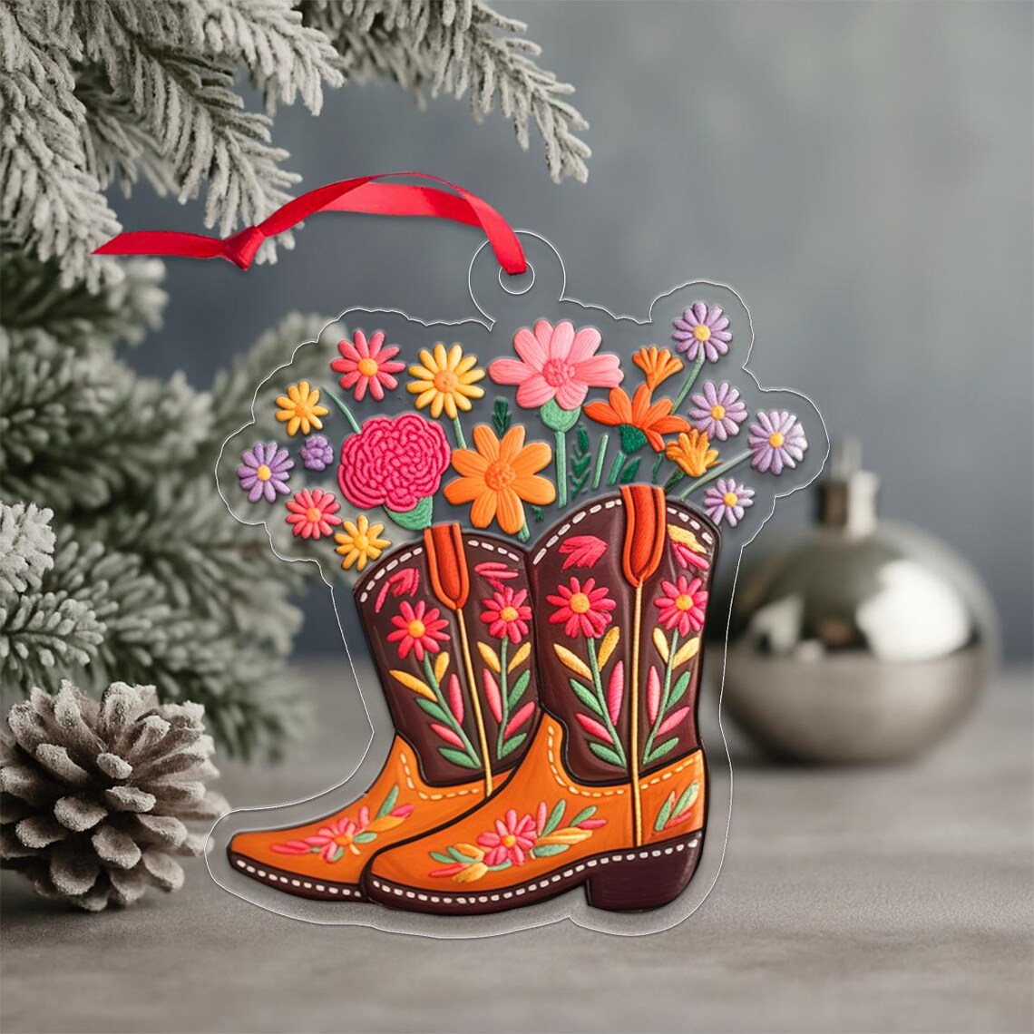 Floral Cowgirl Boots With Wildflowers Western Christmas Ornament Print