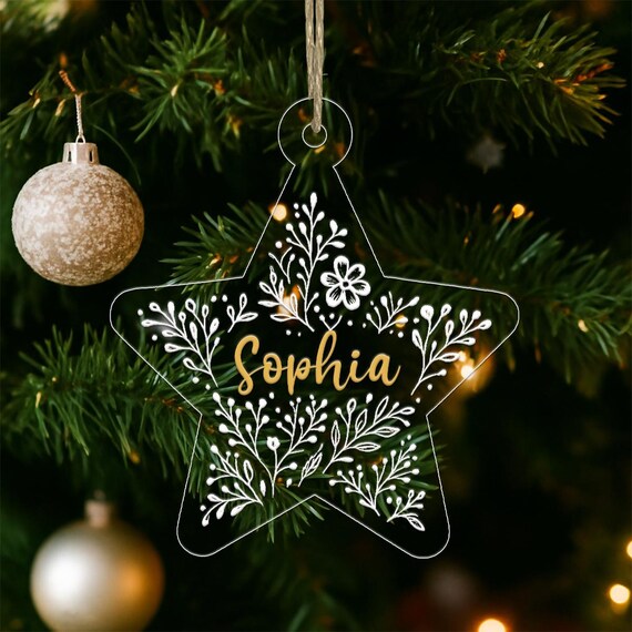 Personalized Star Name Ornament Botanical Gold Script Christmas Wall Art