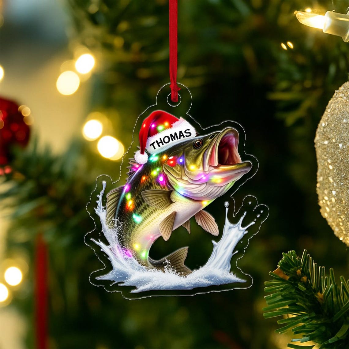 Personalized Bass Fishing Santa Hat Christmas Ornament Wall Art