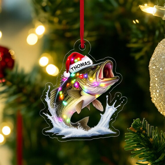 Personalized Bass Fishing Santa Hat Christmas Ornament Wall Art