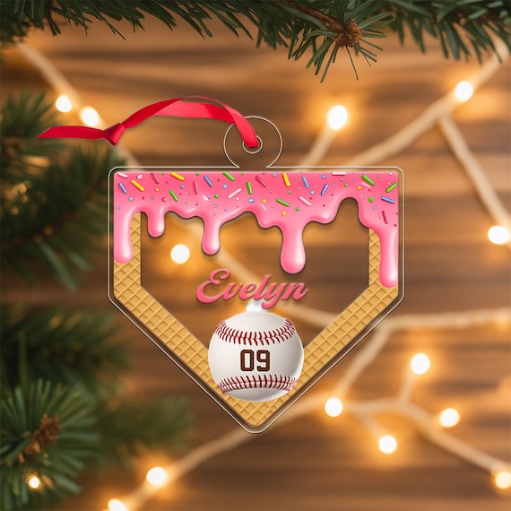 Personalized Baseball Home Plate Christmas Ornament Pink Icing Wall Art