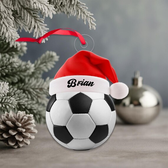 Personalized Soccer Ball Santa Hat Christmas Ornament Gift Art Print