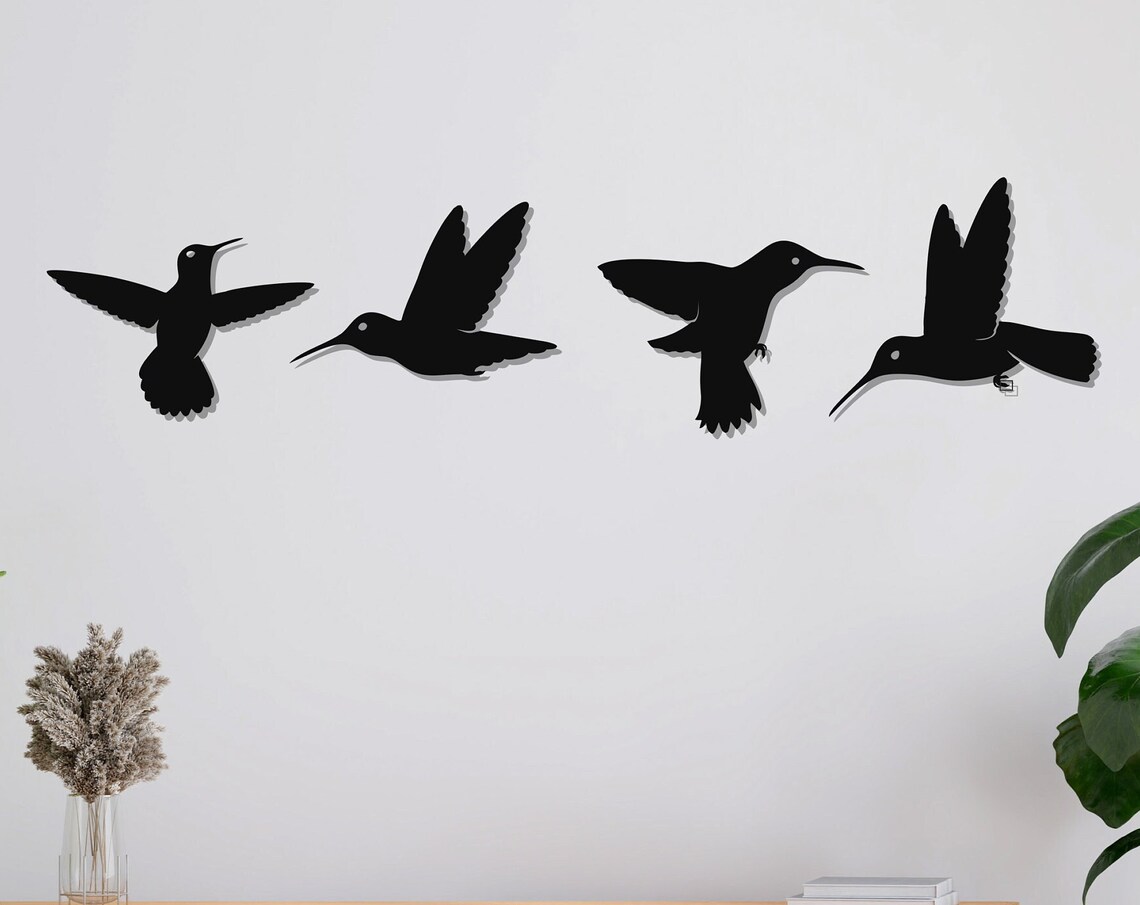 Four Flying Hummingbirds Metal Wall Art Black Bird Silhouette Decor
