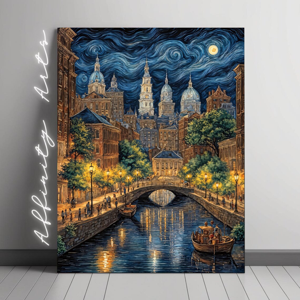 Starry Night Cityscape, Van Gogh Inspired Canal Scene