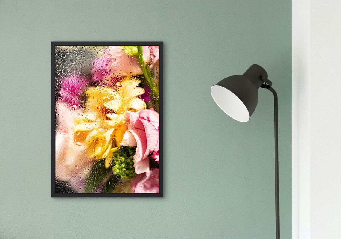 Abstract Floral Art, Vibrant Flowers Behind Rainy Glass - Image 2