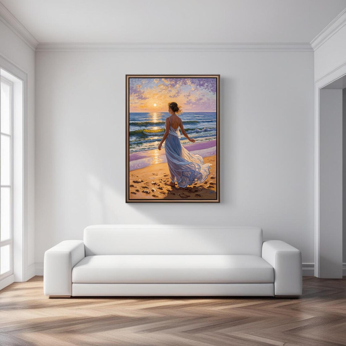 Sunset Beach Woman Walking On Shoreline, Poster Print - Image 2