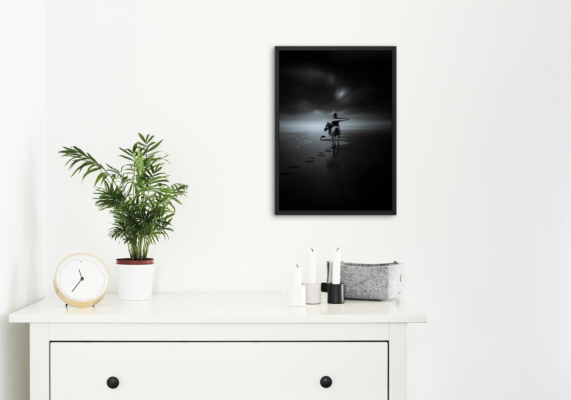 Surreal Horse Rider on a Dark Beach, Minimalist Art Print - Image 4