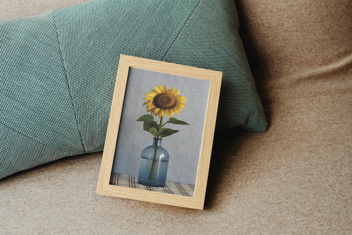 Sunflower In Blue Glass Vase, Minimalist Decor - Image 4