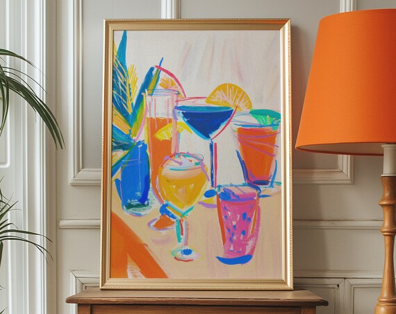 Blue Orange Pink Cocktail Glasses Table Scene Modern Bar Poster