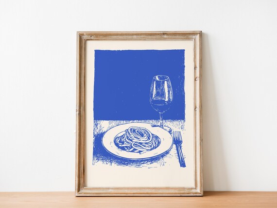 Spaghetti Wine Blue Ink Sketch Italian Kitchen Dinner Art Poster