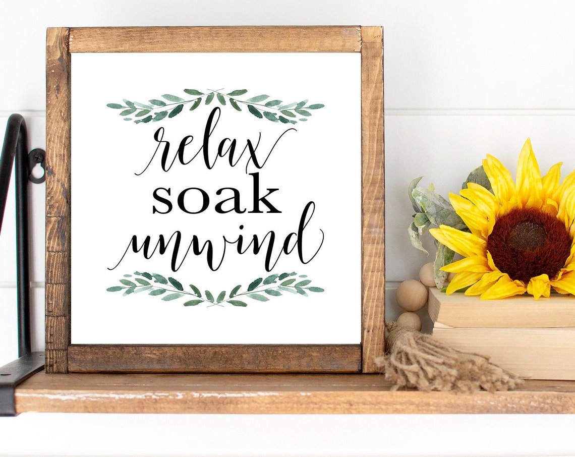 Relax Soak Unwind Calligraphy Leaf Sprigs Square Bathroom Sign Poster