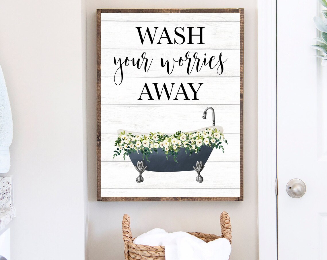Wash Your Worries Away Navy Blue Clawfoot Tub Quote Bath Poster